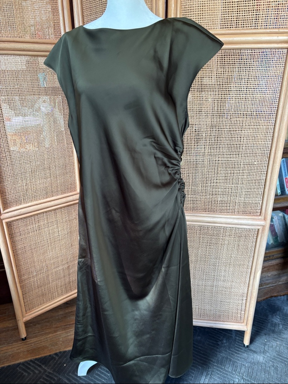 Satin Olive Green Ruched Side Midi Dress